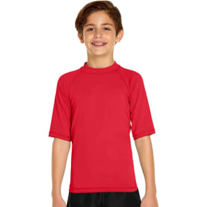 A red short sleeve rashie featuring a high collar and raglan sleeves. It has a logo on the front.