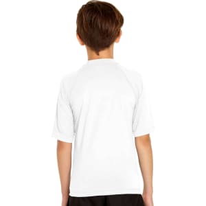 A youth short sleeve rashie in white, featuring a simple design and a logo on the back.