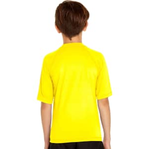 A yellow youth short sleeve rashie with UPF 50+, featuring a simple design and a logo on the back.