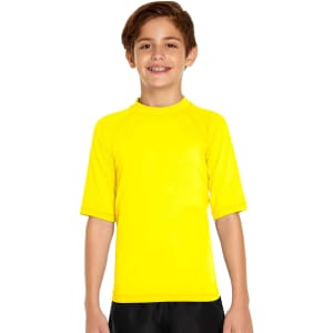 A bright yellow youth short sleeve rashie featuring a logo, designed for sun protection with UPF 50+.