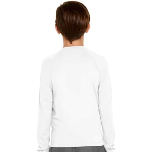 A white youth long sleeve rashie with UPF 50+ protection, displayed from the back. It features a simple design and has branding.