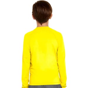A yellow long sleeve rashie with a round neckline, designed for youth, featuring a logo on the back.