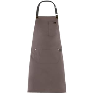 A grey Jersey apron with a pocket and adjustable neck straps, featuring a logo on the upper portion.