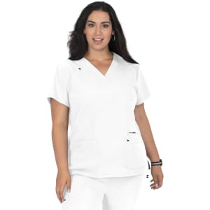 A white medical top featuring a V-neck, short sleeves, and front pockets, designed for comfort and style.