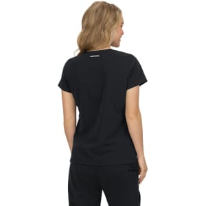 A black top featuring a simple design and a logo on the back, suitable for casual or professional wear.