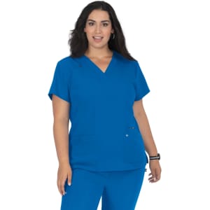 A blue scrub top featuring a V-neck design, short sleeves, and two front pockets, accompanied by matching bottoms.
