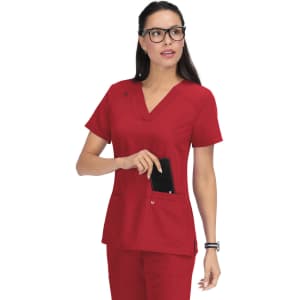 A red medical uniform top with a V-neck and two front pockets, featuring a logo on the chest.