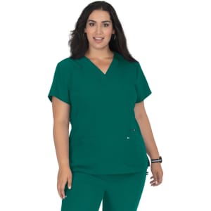 A teal medical top featuring a V-neckline, short sleeves, and front pockets, with a subtle logo on it.