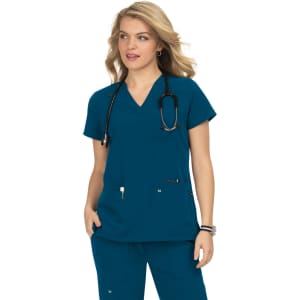A teal scrubs top with a V-neck design, featuring two front pockets and a stethoscope worn around the neck.