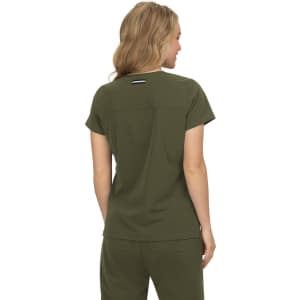 A top in olive green, featuring a simple design and short sleeves, with branding on the back.