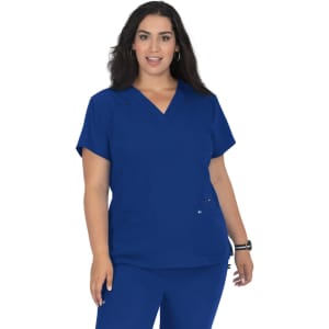A blue scrub top features a v-neck design and short sleeves, with two front pockets. It has a logo on one side.