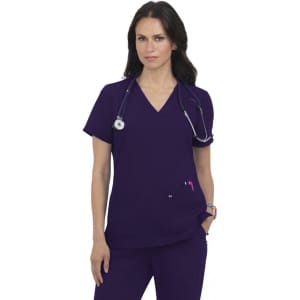 A purple medical top featuring a V-neck design. The model is shown wearing a stethoscope.