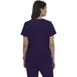 A purple top with short sleeves and a simple design, featuring a logo on the back.