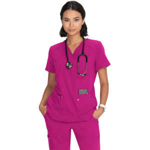 A vibrant pink medical top featuring a V-neck design and a pocket, worn by a model with a stethoscope.