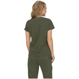 A short-sleeved top in olive green, featuring a rounded neckline and a logo on the back.