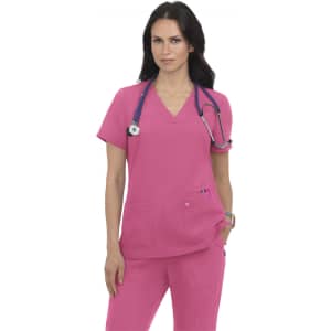 A pink medical top with a V-neck design and two front pockets, paired with a stethoscope.