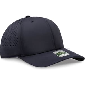 A navy blue perforated cap with a structured design and a logo on the front.