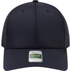 A navy blue perforated cap with a structured six-panel design and a logo on the front.