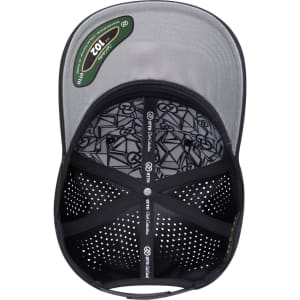 A perforated cap in black and grey, featuring an interior design and a branded logo.