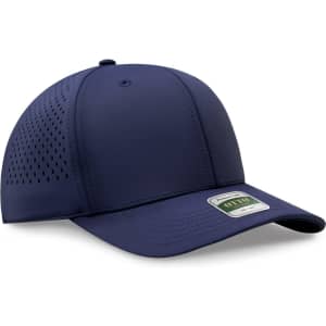A navy perforated cap with a structured six-panel design and a logo on the front.