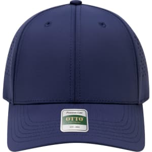 A navy perforated cap with a structured 6-panel design and a logo on the front.