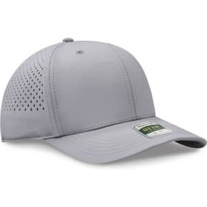 A grey perforated cap with a structured six-panel design and an adjustable strap, featuring a logo.