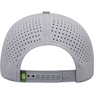 A grey perforated cap featuring a snapback closure and a logo on the adjustable strap.