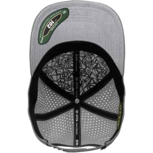 A perforated grey cap with a patterned interior, featuring a logo on the side.