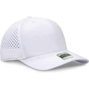 A white perforated cap featuring a branded logo, designed in a six-panel pro style.