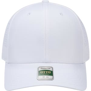 A white 6-panel cap with perforated design and a logo on the front.