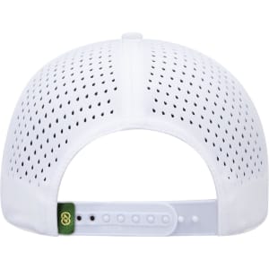 A white perforated cap with a green accent and an adjustable strap at the back. Features a logo.