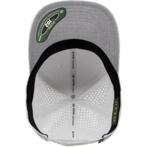 A grey perforated cap with a black interior and a logo on the side. Features a six-panel design.