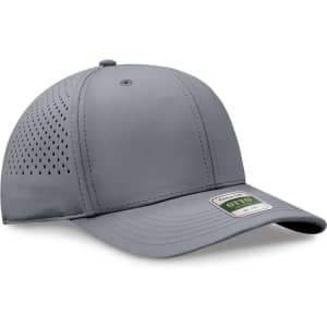 A grey perforated cap with a curved brim and a logo. It features a six-panel design for a structured fit.