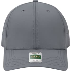 A grey six-panel cap featuring perforations and a logo on the front. Ideal for headwear collections.