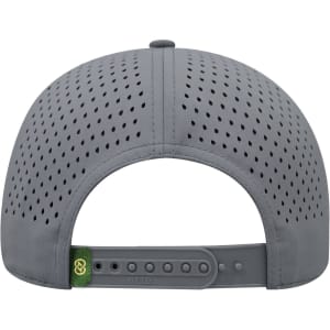 A grey perforated cap featuring a rear adjustable strap and a logo tag on the side.