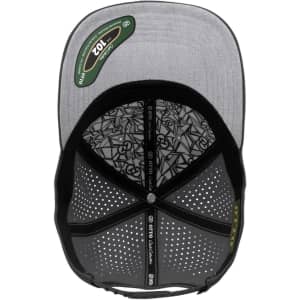 A grey perforated cap featuring a patterned interior and a logo, designed in a six-panel style.