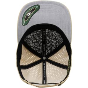 A grey and beige cap with a perforated design and an inner patterned lining, featuring a logo.