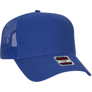 A blue 5 panel trucker hat featuring a mesh back and a logo on the front.