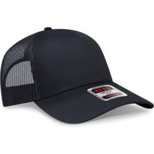 A black 5 panel low profile trucker cap with a mesh back and a logo on the front.