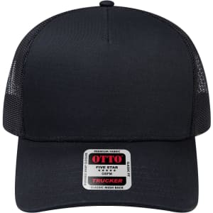 A black 5 panel low profile trucker cap featuring a mesh back and a logo on the front label.