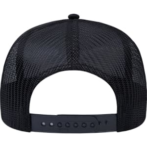 A black 5 panel low profile trucker cap featuring a mesh back and an adjustable snap closure.