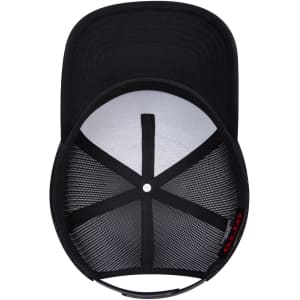 A black 5 panel low profile trucker cap with a mesh interior and a curved visor, featuring a logo.