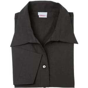 A folded black shirt with a collar, featuring a single button and a logo label on the inside.