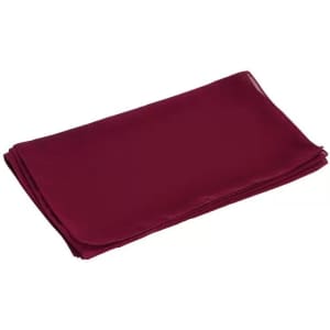 A maroon neck scarf neatly folded, featuring a smooth texture and subtle sheen. It has a logo displayed.