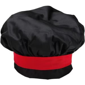 A black toque chef hat with a red band around the base, featuring a logo.