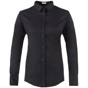 A black long-sleeve shirt with a collar and button-up front. It features a smooth fabric and a simple design.