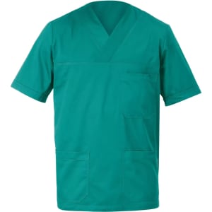 A green tunic featuring a V-neck, short sleeves, and multiple pockets. It has a logo on the fabric.