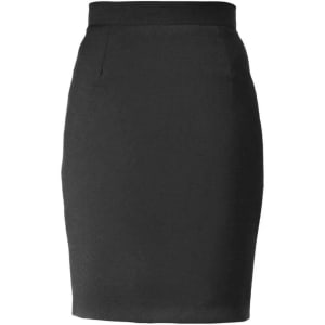 A black skirt with a fitted design and a smooth, sleek finish. It features a simple waistband.