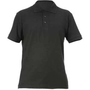 A black polo shirt featuring a classic collar and three-button placket, with short sleeves and a minimalistic design.
