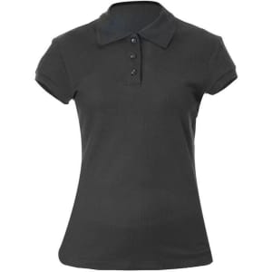 A black polo shirt with a collar and short sleeves, featuring three buttons and a fitted design.